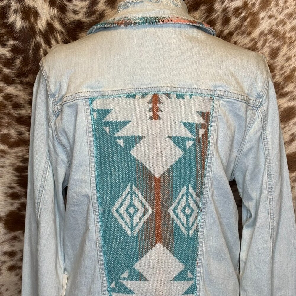 Upcycled Distressed Western Jean Jacket  Soft Multi Aztec Wool Accents -L